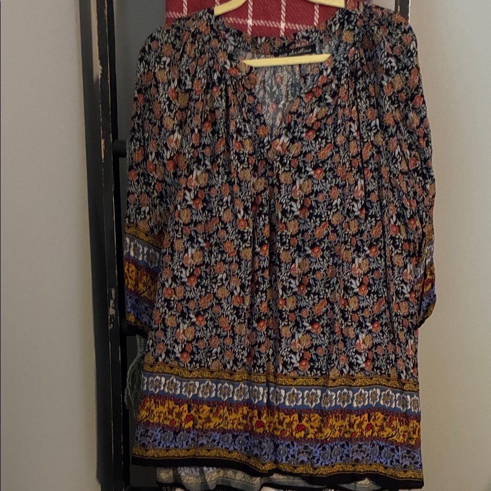Boho Navy Floral Peasant Tunic with Rust and Cream Details